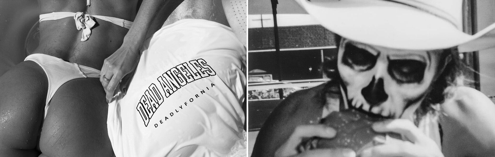 Person wearing a skull makeup and cowboy hat, eating a burger, with a 'Dead Angeles Deadlyfornia' t-shirt. Swimwear & summerwear collection cover imageslider_item_YFyaEE