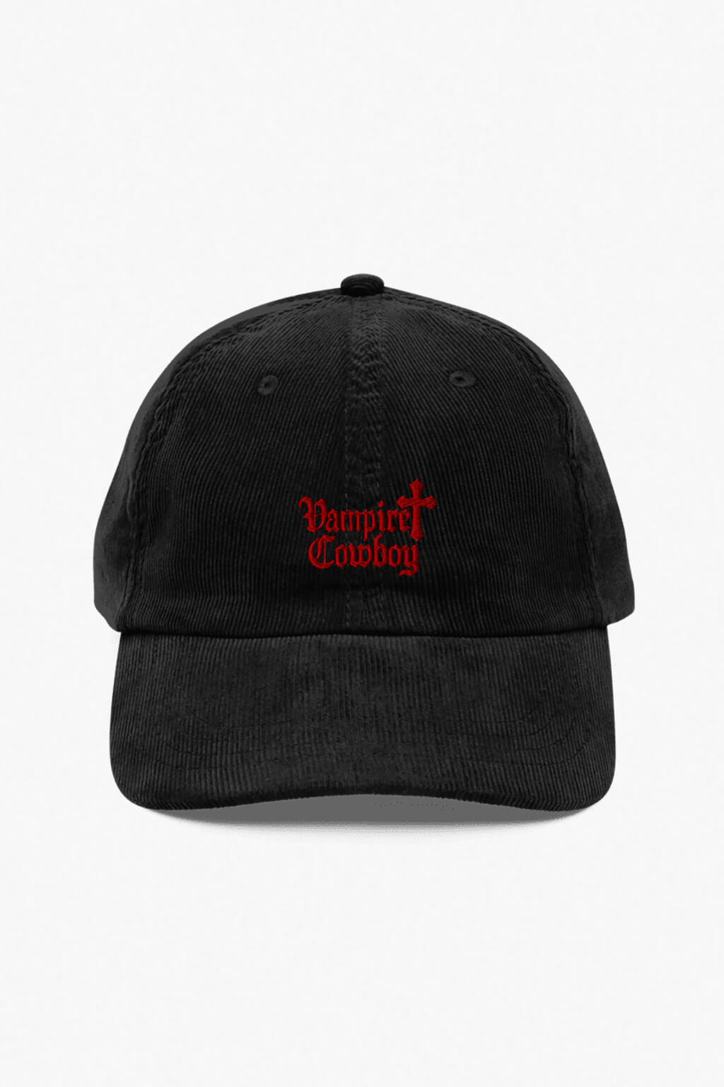 Vampire cowboy red embroidery gothic black corduroy cap by Dead Angeles, front view