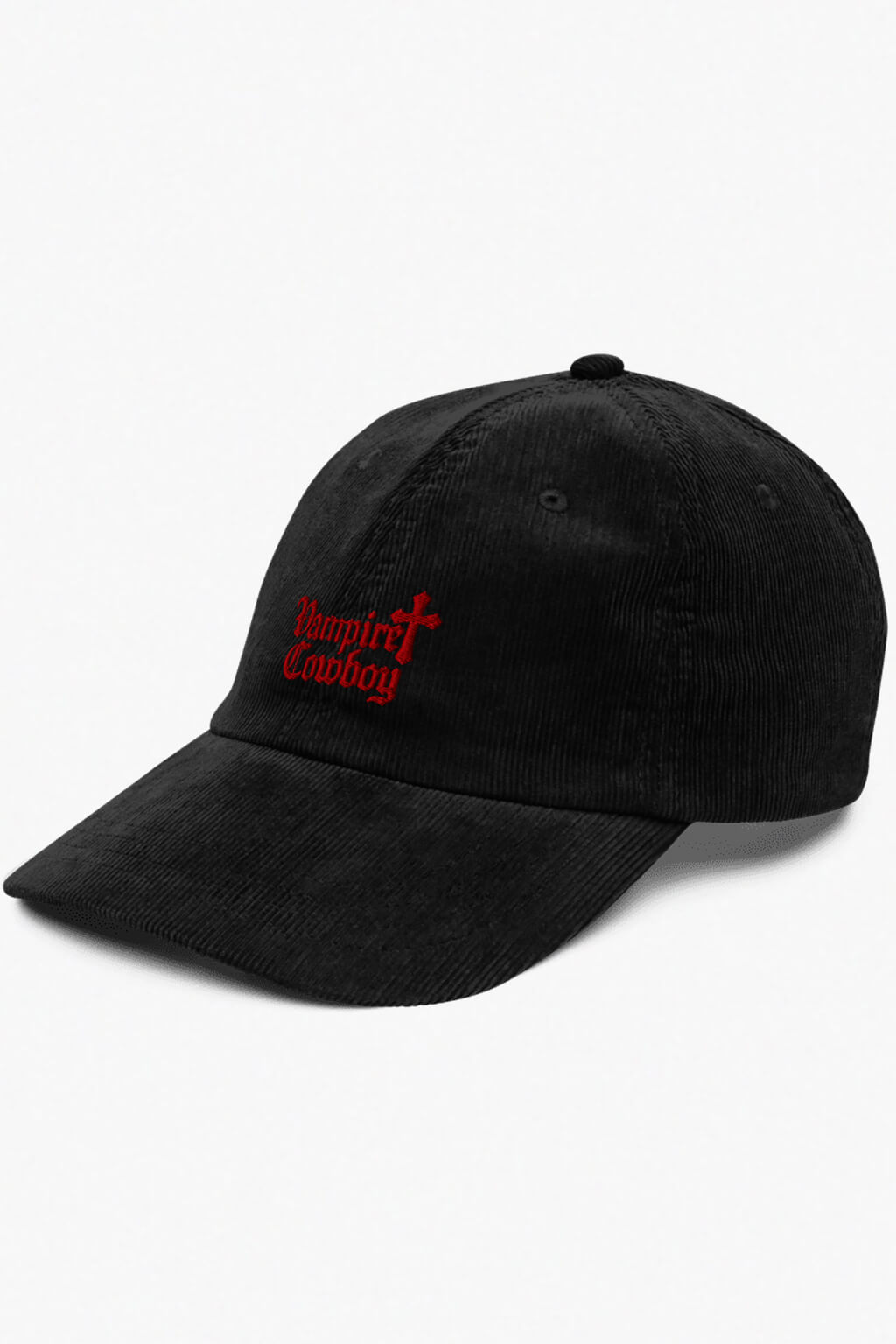Vampire cowboy red embroidery gothic black corduroy cap by Dead Angeles, front view