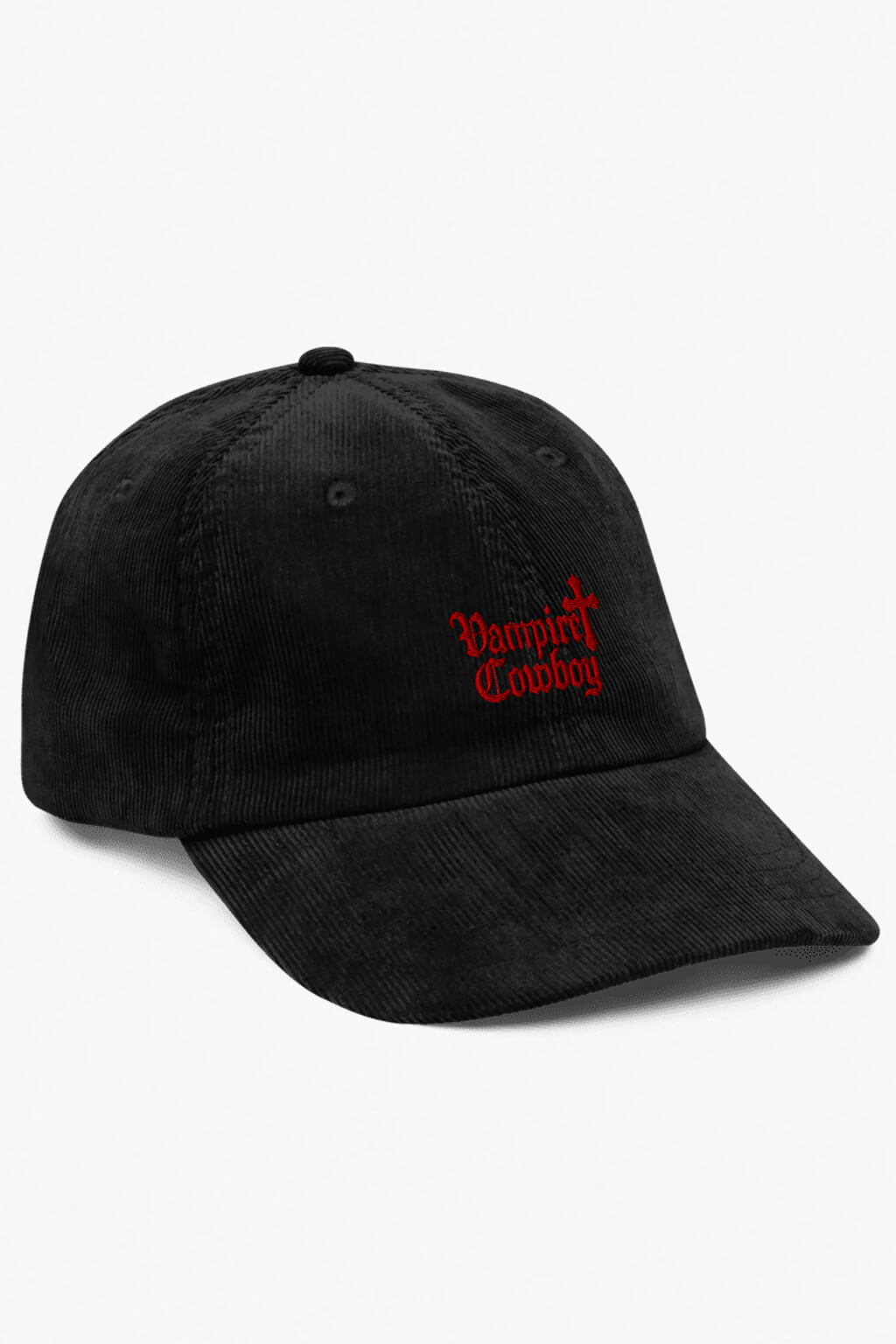 Vampire cowboy red embroidery gothic black corduroy cap by Dead Angeles, right view