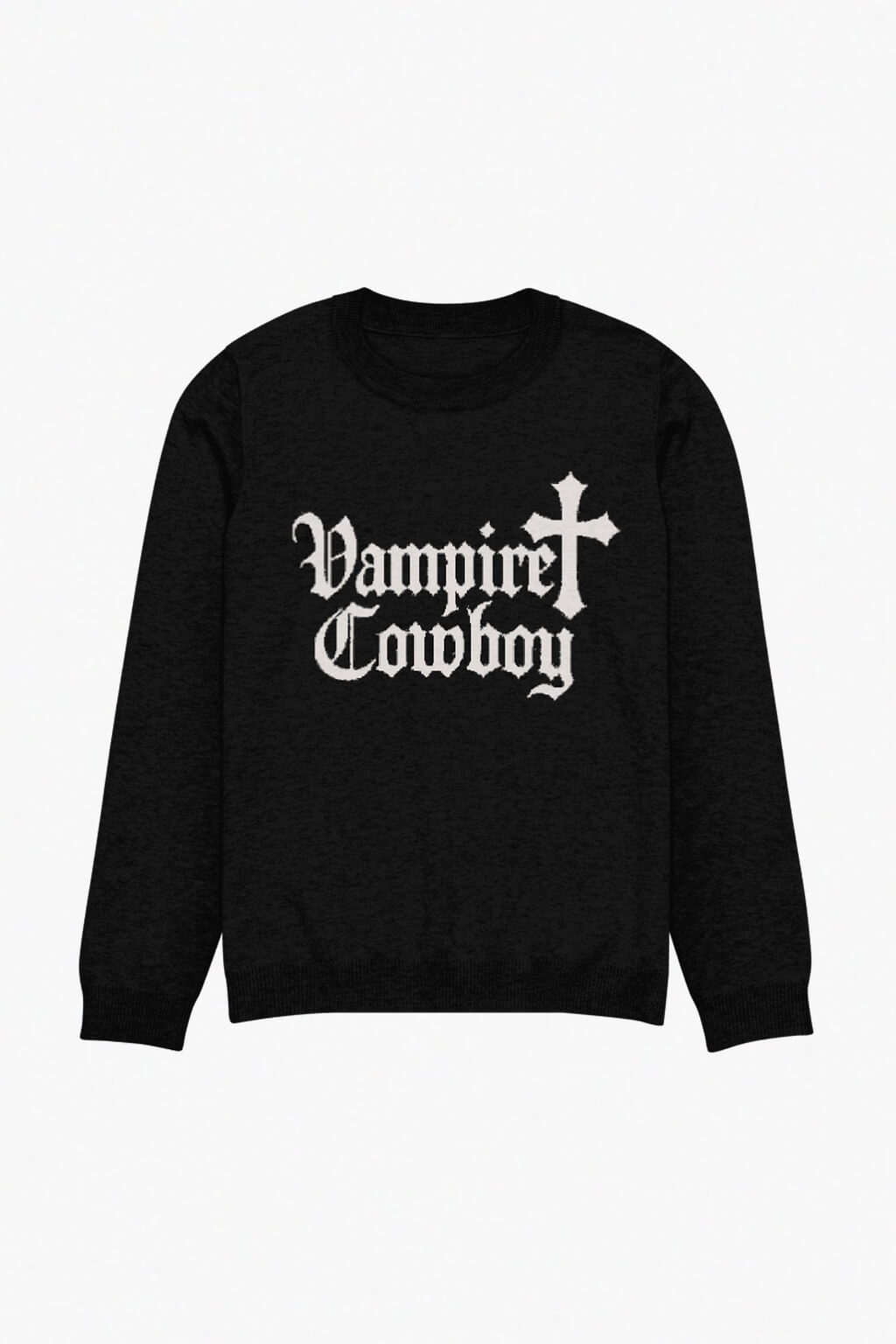 Black knitted sweater with 'Vampire Cowboy' text and cross design on a white background by Dead Angeles