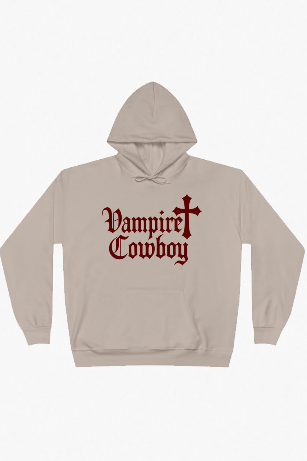 Beige hoodie with 'Vampire Cowboy' logo with cross by Dead Angeles. Yallternative clothing